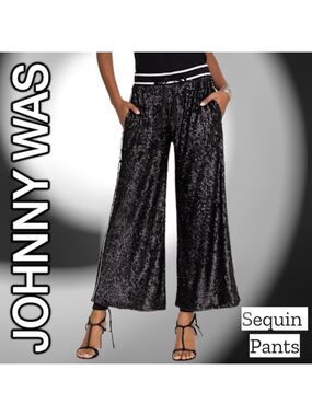 JOHNNY WAS Gabie Wide Leg Fully Lined Pull-On Black Sequin Pants NWT Size: XS